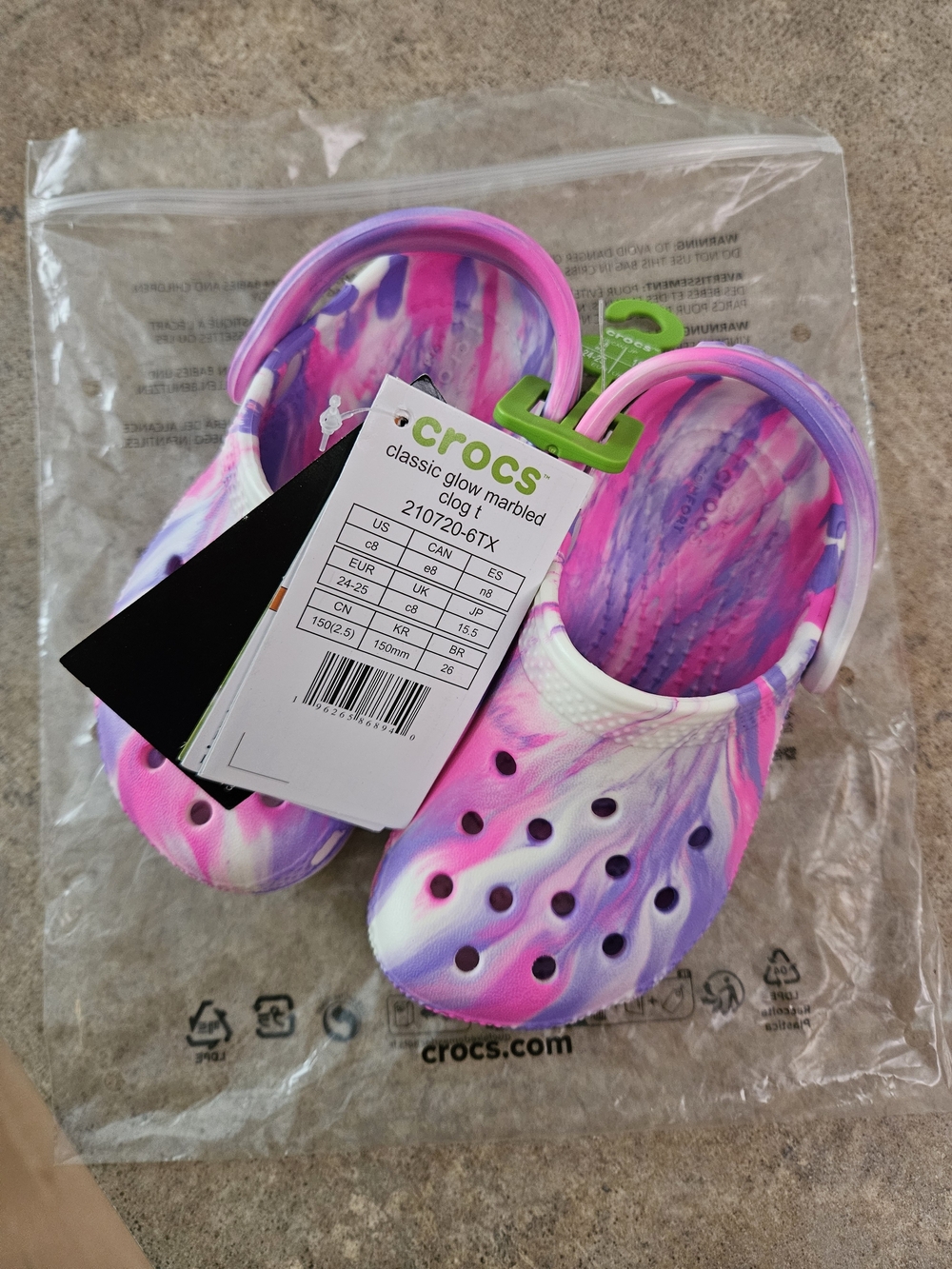 CROCS Kids Classic Glow Marbled Clog - Pink, Purple, White